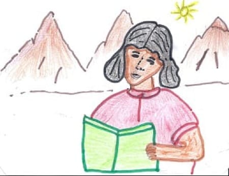 Drawing of girl reading a book with mountain peaks and sun behind her, by girl in ChildFund's Bolivian programs