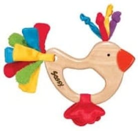 Image of wooden baby rattle shaped like a bird with colorful fabric 'feathers'