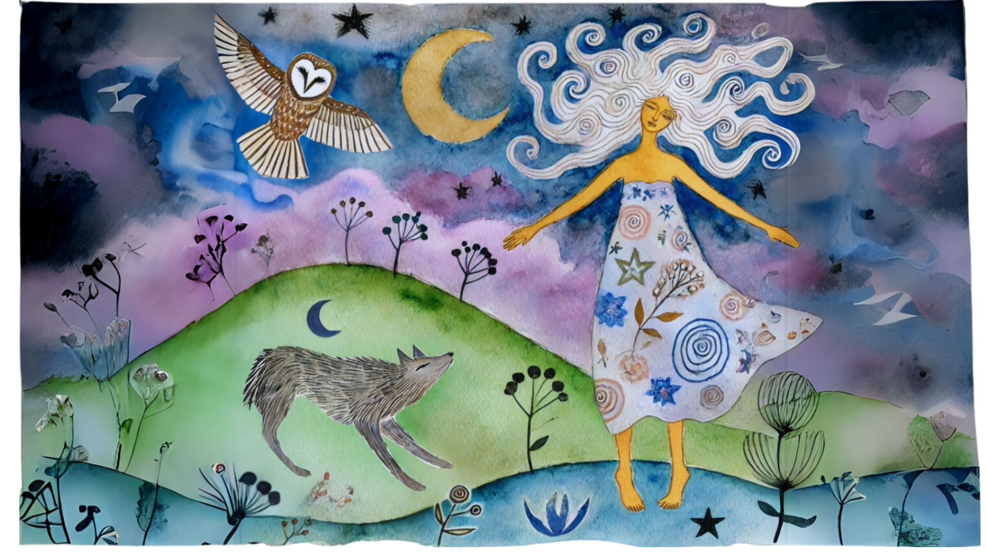 Watercolor illustration of woman, own, coyote and nature.