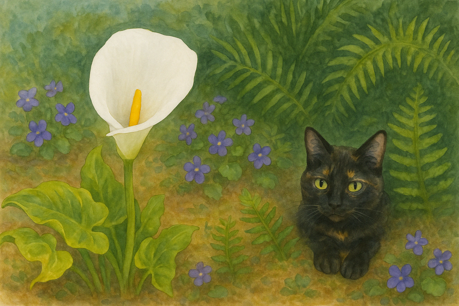 Illustration in painting style of Calla lily, violets, and a torti cat.