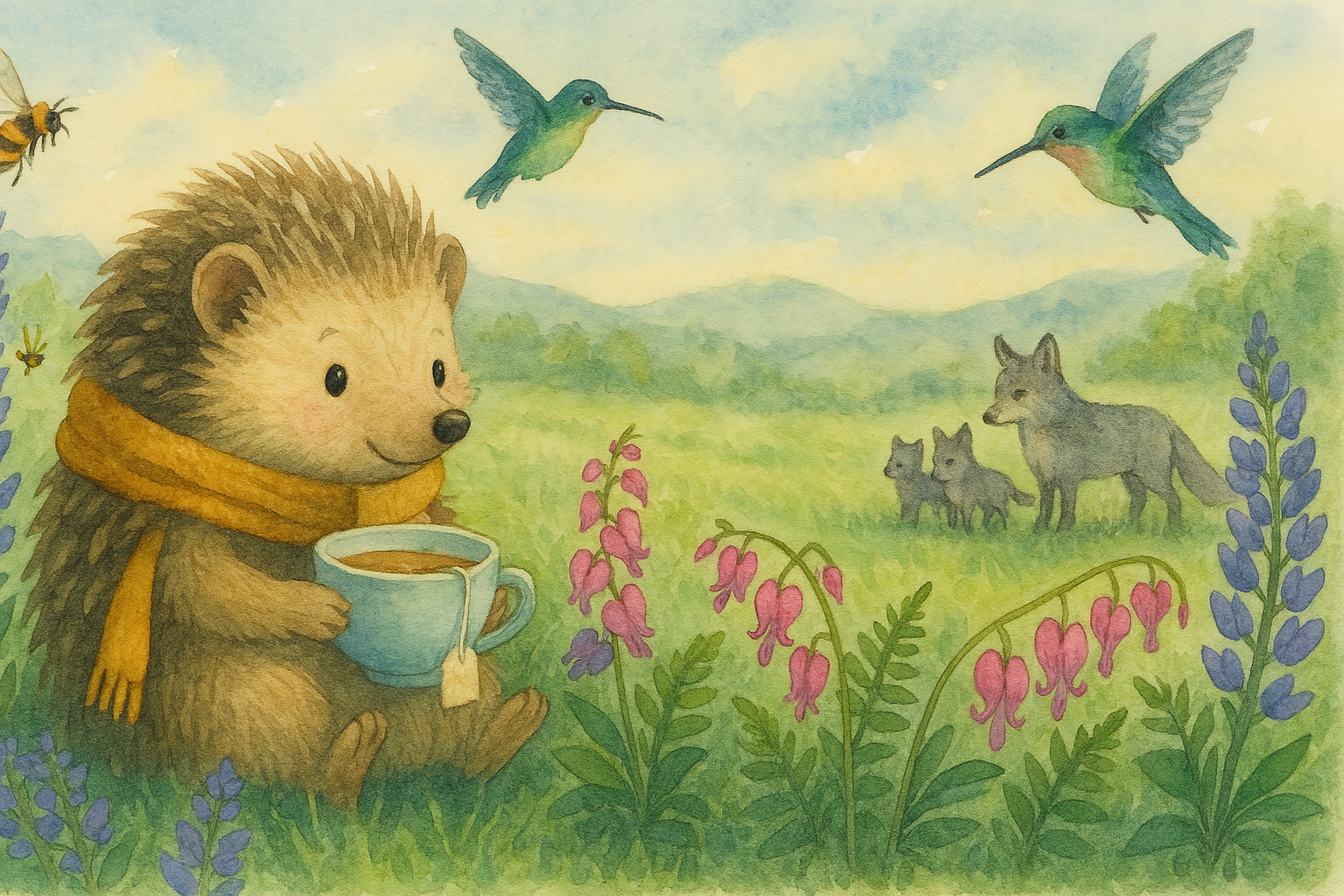 AI assisted watercolor image of whimiscal hedgehog drinking tea in a green meadow