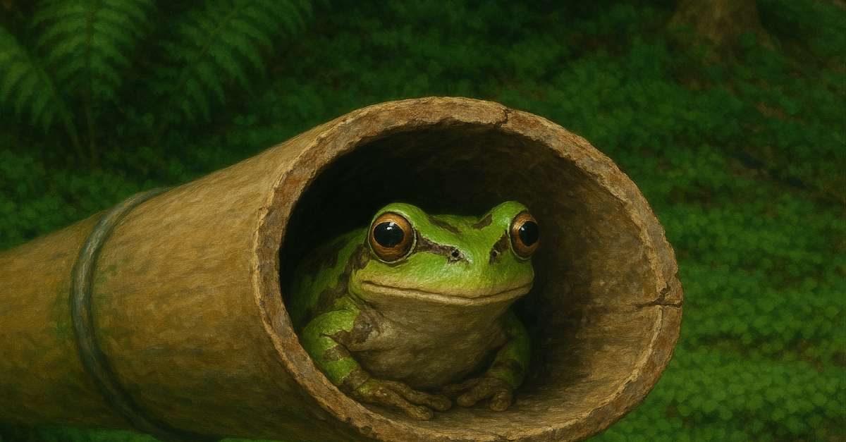 Image of Pacific tree frog in weathered bamboo tube
