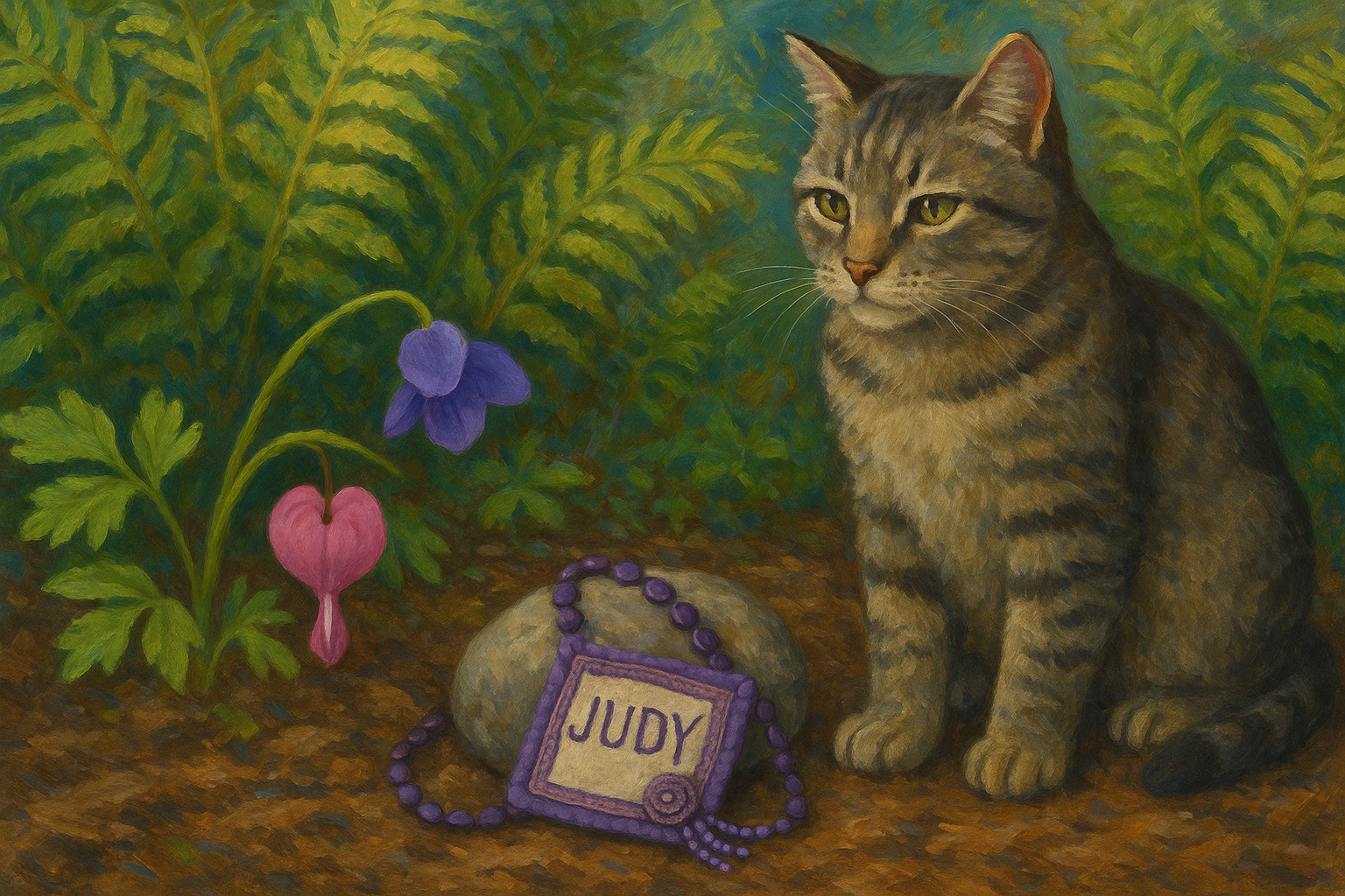 Painting-style illustration of a gray tabby cat, a bleeding heart, and a hand-made necklace
