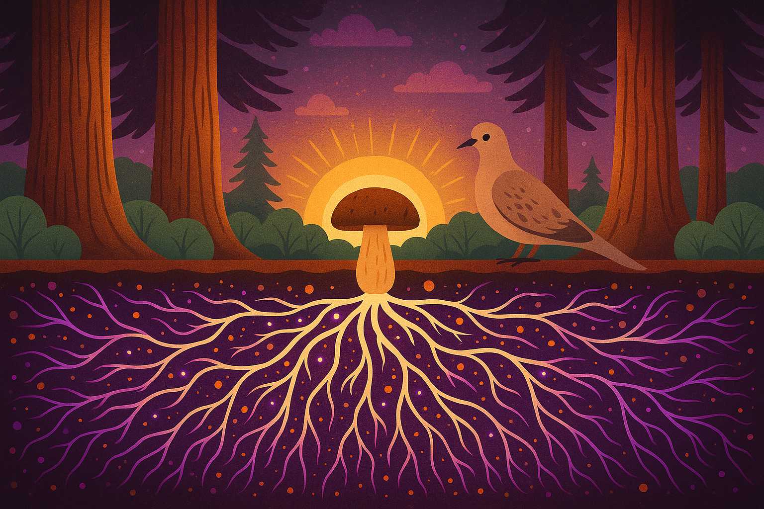 Illustration of mushroom, mycelium, Morning dove, redwoods & sunrise.