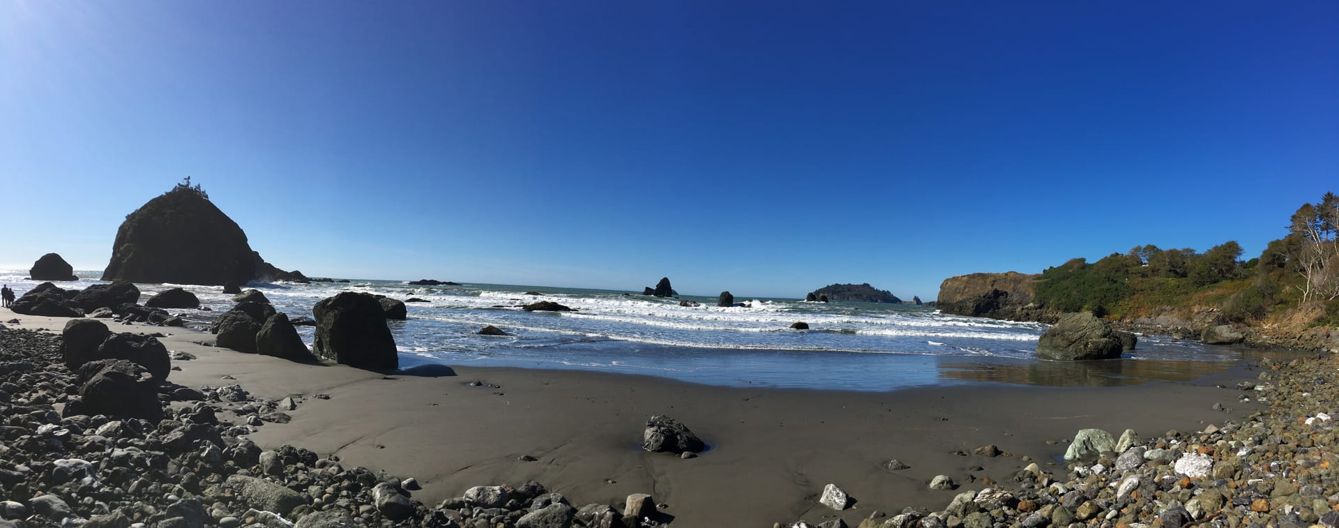 Panoramic photo of a section of Moonstone Beach in N. California