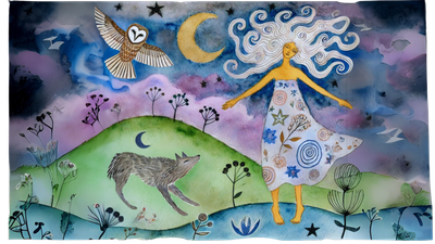 Watercolor illustration of woman, own, coyote and nature.