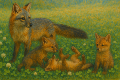 Painting style illustration of mother Gray Fox and 3 fox kits in clover