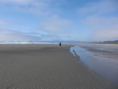 Photo of beach with one man walking in the distance
