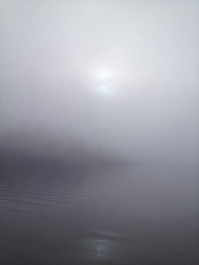 Photo of misty, foggy calm lagoon and grey sky, the foggy outline of trees in the distance and the heavily muted sun in the clouds and reflected on the water.